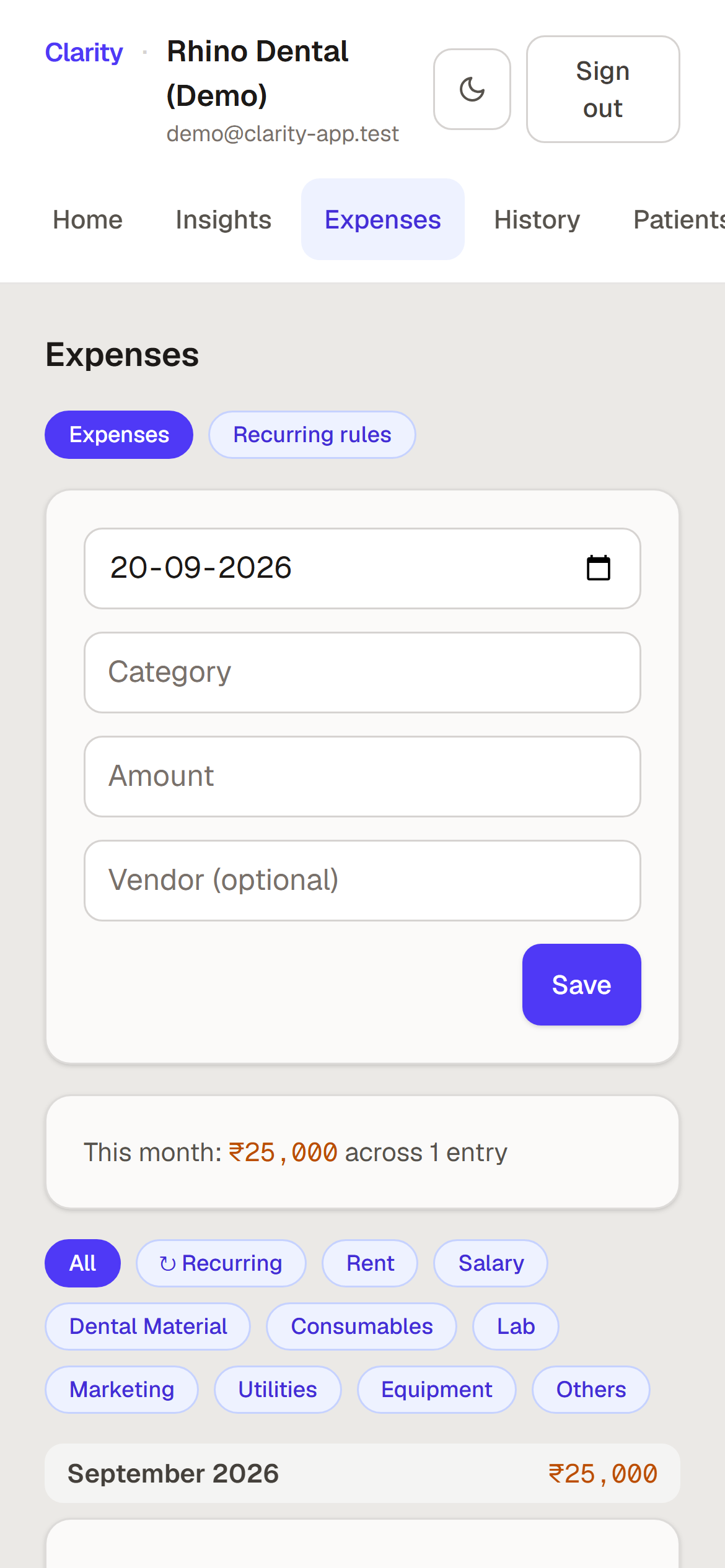 Expenses: the entry form for date, category, amount and vendor, the month’s total under it, then the category filters and the months.
