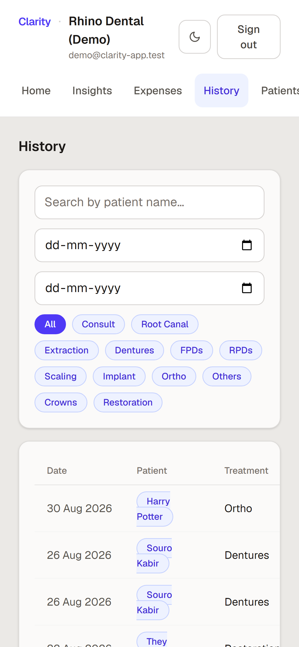 History: search by patient, a date range, and a filter for every treatment type, above the entries themselves.