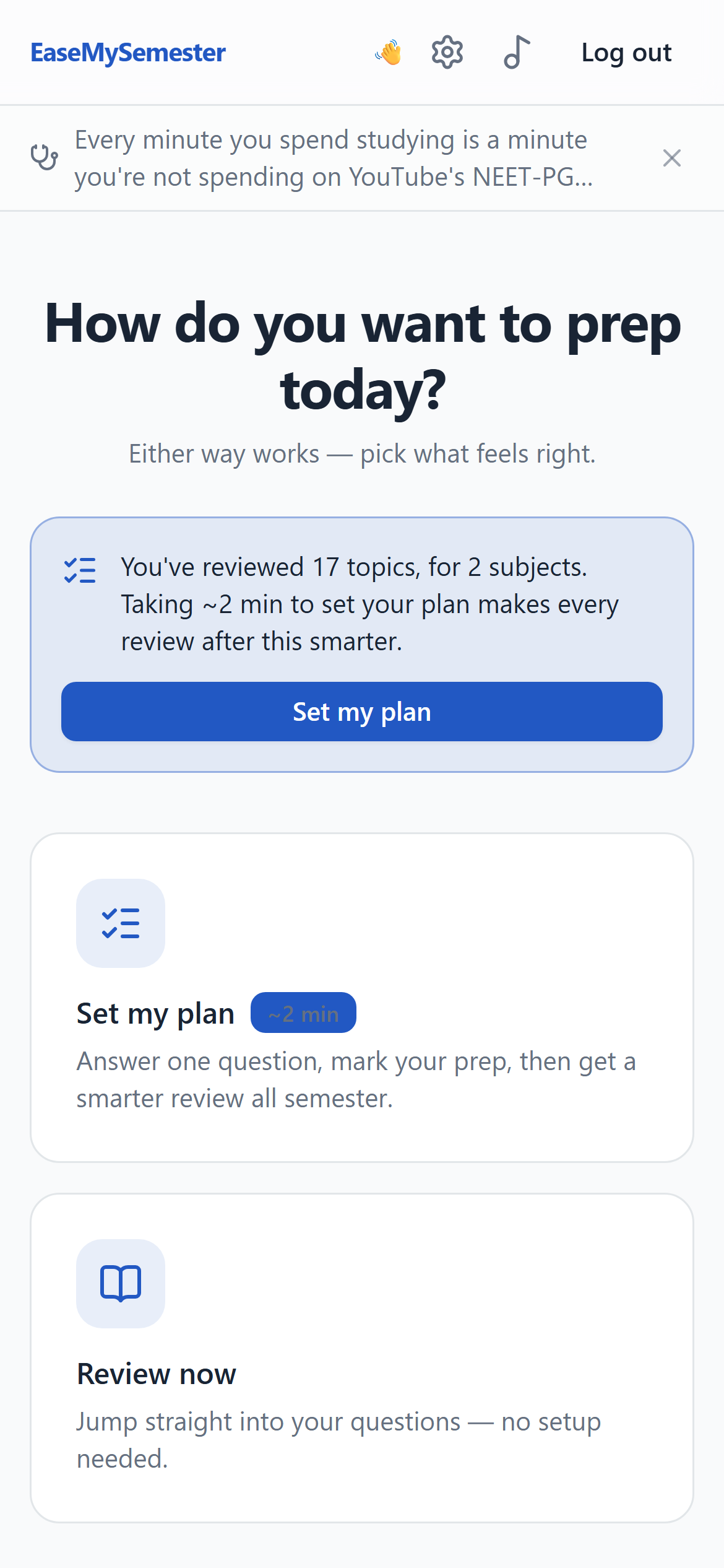 v1 today, asking how you want to prep: set a plan, or go straight to the questions.