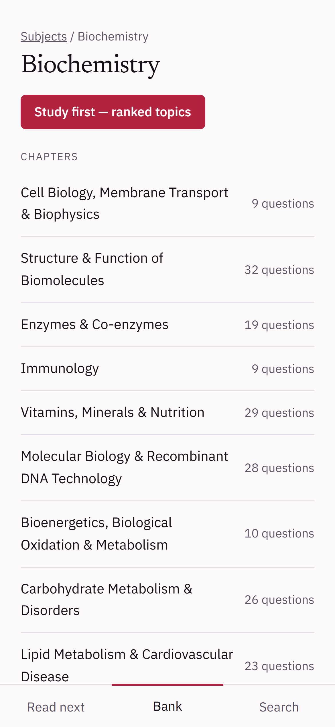 The bank, opened on Biochemistry: fifteen chapters with a question count against each, and the ranked study-first list one tap above them.