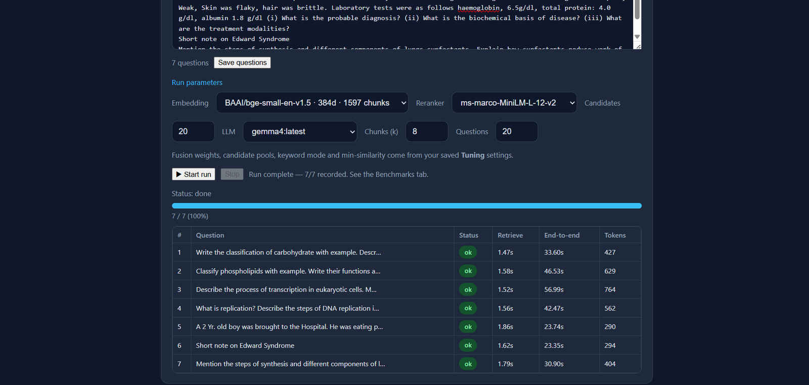 A saved question set running end to end. Every question recorded with its retrieve time, total time and token count.